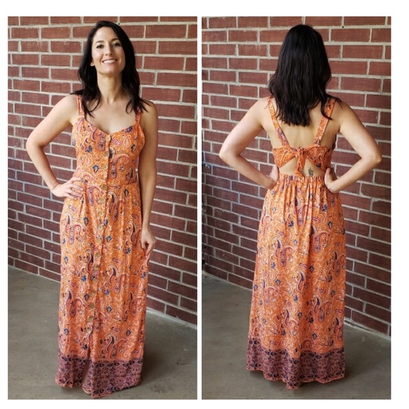 Orange Floral Back Tie Boho Maxi Dress - Picture 5 of 5